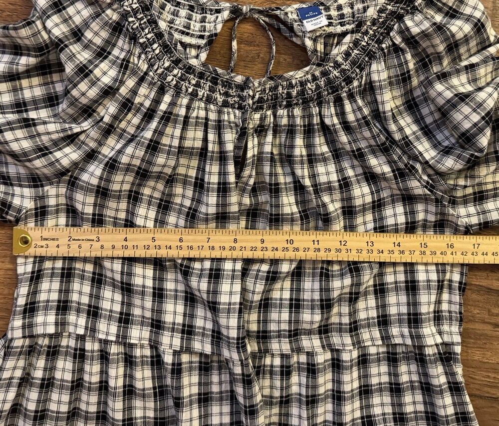 Old Navy Petite M Black White Plaid Smocked Neck Midi Dress Cottagecore Boho - Picture 7 of 7